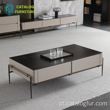 Conjunto de mesa de centro de madeira maciça com tampo em pedra sinterizada estilo nórdico moderno e suporte para armário de TV